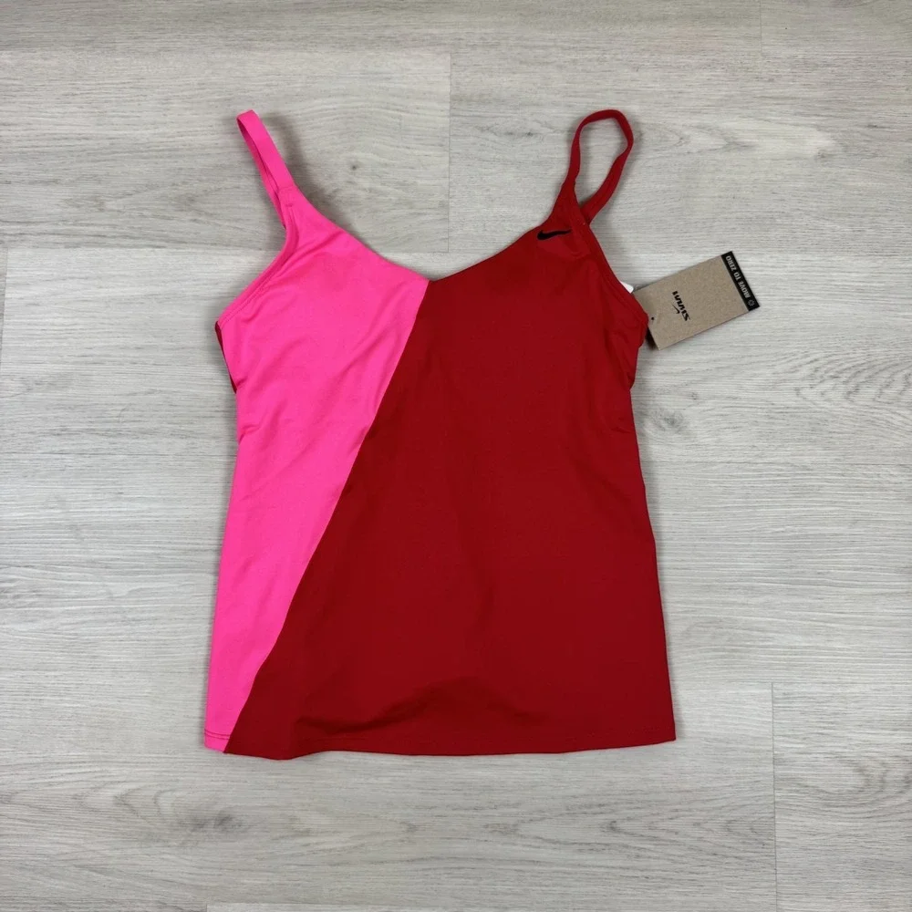 Nike Swim Colorblock V Neck Tankini Top Womens Medium Pink Red NESSF295